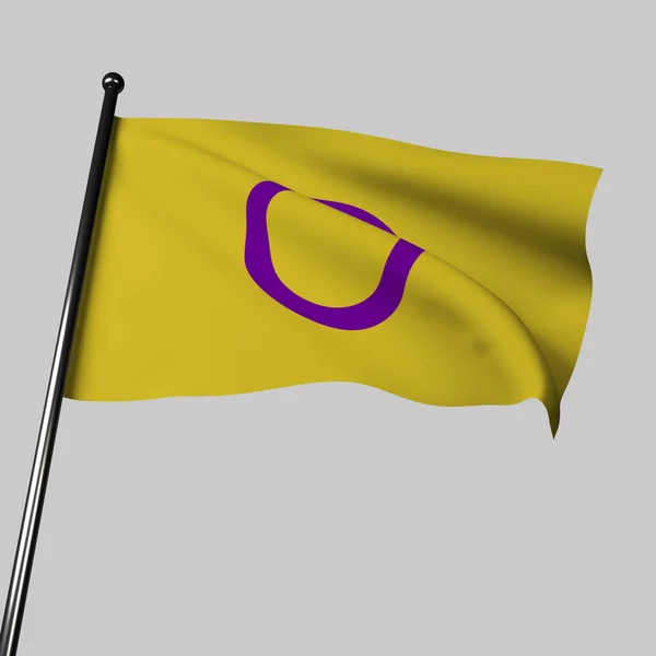 3D Illustration of Intersex Pride Flag flutters in the wind. Symbol of intersex individuals and their visibility within the LGBT community. It has a yellow cloth with a purple circle in the middle.