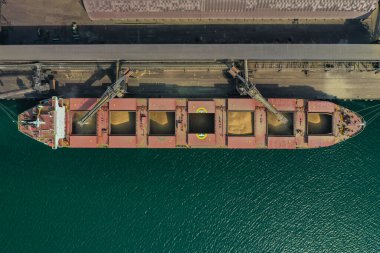 Büyük kapasiteli bir gemiye tahıl yüklüyorlar.