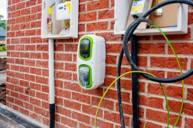 Yeni konut geliştirme programının bir parçası olarak evin dışına bir gecelik şarj aracını şarj etmek için elektrikli araç konaklama noktası yerleştirildi.