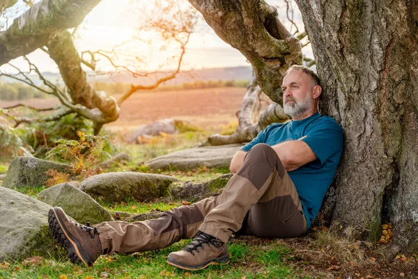 Özel botlu, yorgun sakallı bir adam bir sonbahar günü Peak District 'te bir ağacın altında dinleniyor. Seyahat yaşam tarzı konsepti.