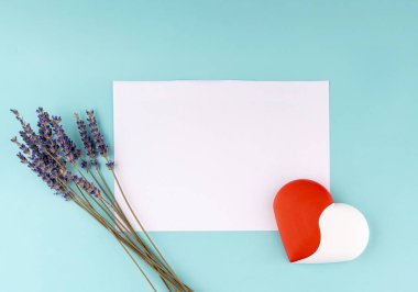 Beyaz boş kağıda kırmızı ve beyaz kalp ve yeşil fonda lavanta çiçekleri. Selamlama ve romantik kavramlar