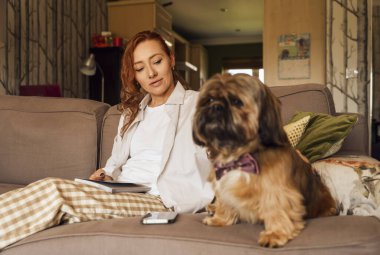 Shih tzu köpeğiyle evde eğlenen ve rahatlatan bir kadın. Ev kavramında boş ve mutlu zaman