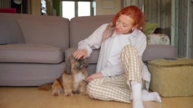 Shih tzu köpeğiyle evde eğlenen ve rahatlatan bir kadın. Ev kavramında boş ve mutlu zaman
