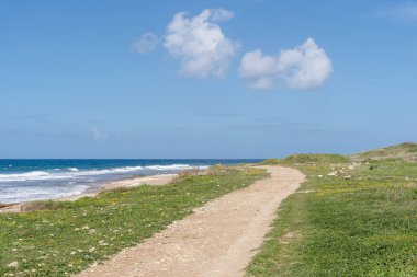 Kum kumsalı, deniz ve bulutlu mavi gökyüzü gün batımında