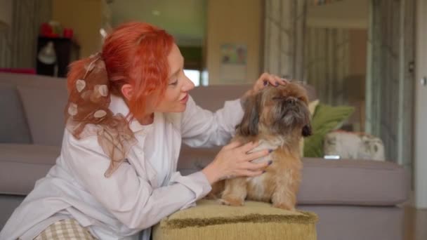 シュトゥズ犬と一緒に自宅で楽しくリラックスした女性 自宅のコンセプトで自由で幸せな時間 — ストック動画