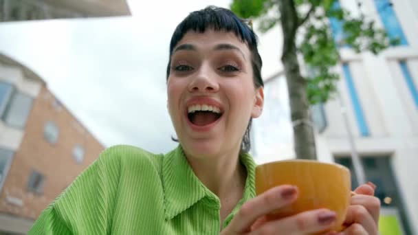 Enjoy Woman Green Dress Using Mobile Phone Having Coffee Cafe — Stock Video