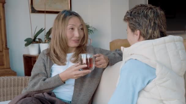 カップル お茶を飲む友人 座っている 自宅で休む — ストック動画