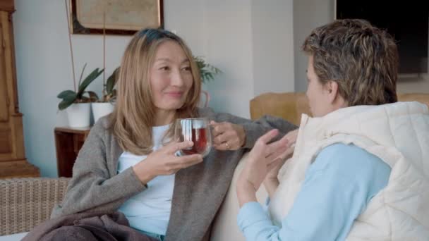 Pary Przyjaciele Piją Herbatę Rozmawiają Siedzą Odpoczywają Domu — Wideo stockowe