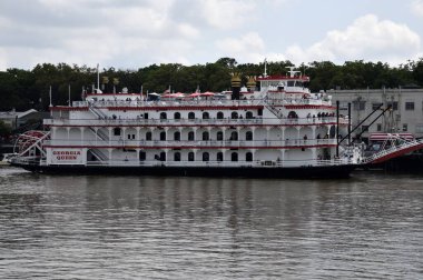 Turist, Georgia, Savannah nehri boyunca yol alan bir nehir teknesinde günün tadını çıkarıyor..