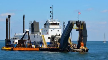 Dredger, St. Augustine, Florida, ABD 'de okyanus iskelesinde çalışıyor..
