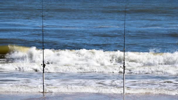 魚を捕まえるのを待っている海洋サーフィンでのサーフィンポール — ストック動画