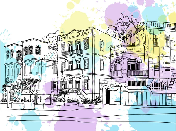 Rua Velha Agradável Tel Aviv Israel Desenho Linha Tinta Desenho — Vetor de Stock