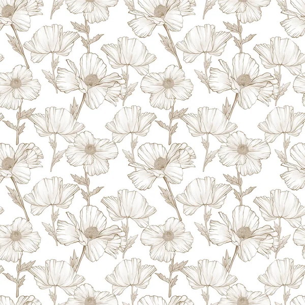 白色罂粟花无缝图案 手绘草图风格 自然背景 植物图解 — 图库照片