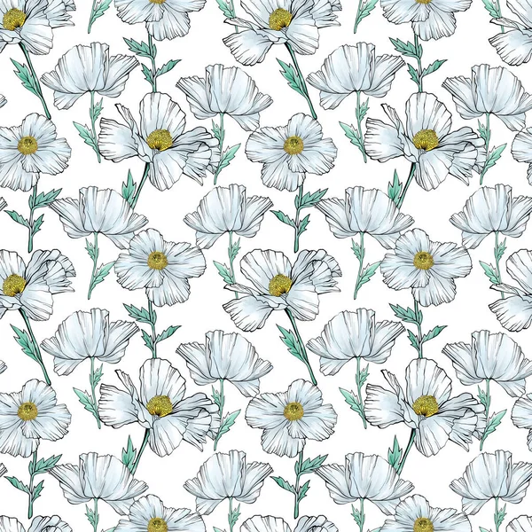 White Poppy Flowers Seamless Pattern Hand Drawn Sketch Style Nature — Stock Photo, Image