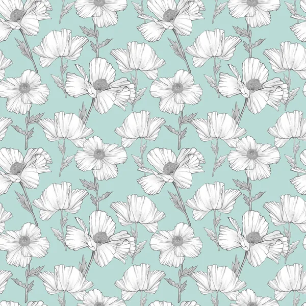 Flores Amapola Blanca Patrón Sin Costuras Dibujo Dibujado Mano Fondo —  Fotos de Stock
