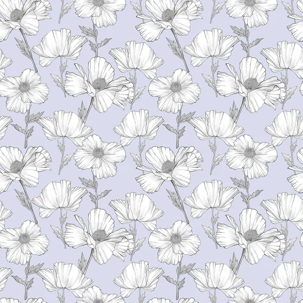 Bílý Mák Květiny Bezešvé Vzor Ručně Kreslený Skicák Přírodní Pozadí — Stock fotografie
