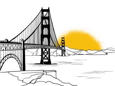 Golden Gate Köprüsü. San Francisco, ABD. El çizimi çizimi. Mürekkep çizimi. Beyaz üzerine siyah ve beyaz vektör çizimi.