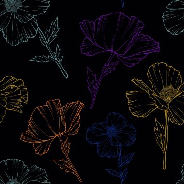 Beyaz Gelincik Çiçekleri kusursuz desen. El çizimi taslak tarzı. Siyah üzerine vektör illüstrasyonu. Çiçek arka planı.