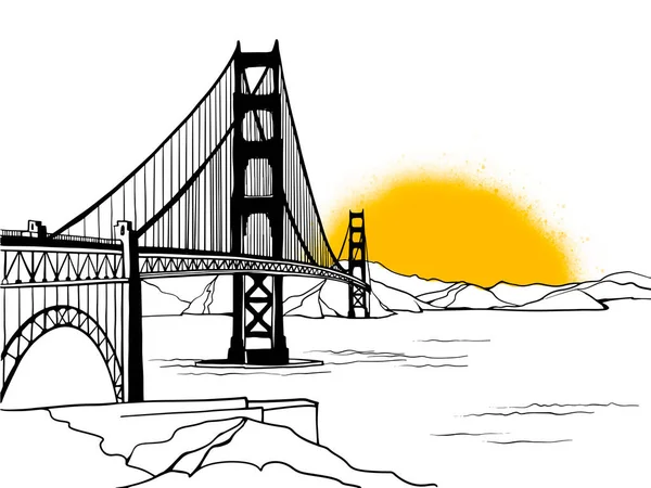 ゴールデンゲートブリッジ サンフランシスコ アメリカ 手描きラインスケッチ インク描画 白の黒と白のベクトルイラスト — ストックベクタ