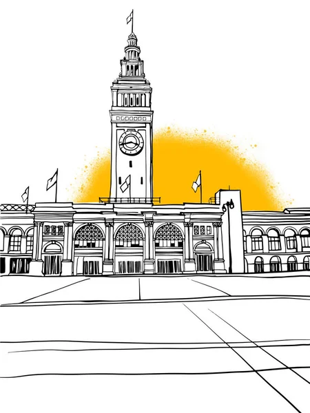 美国加州旧金山的风景不错 城市景观 素描风格 用黄色手绘插图 矢量背景 — 图库矢量图片