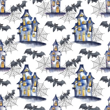 Cadılar Bayramı Evleri kusursuz bir desen. El yapımı suluboya. Korkunç tatil geçmişi.