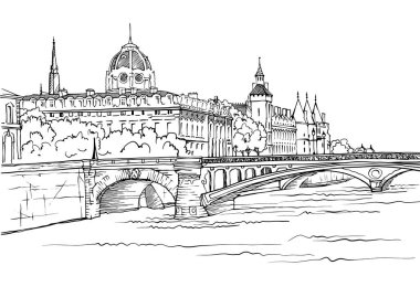 Paris 'teki antik köprünün güzel manzarası. Fransa. El çizimi şehir çizimi. Siyah beyaz şehir illüstrasyonu. Beyaz arkaplan.