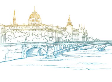 Paris 'teki antik köprünün güzel manzarası. Fransa. El çizimi şehir çizimi. Renkli şehir illüstrasyonu. Beyaz arkaplan.
