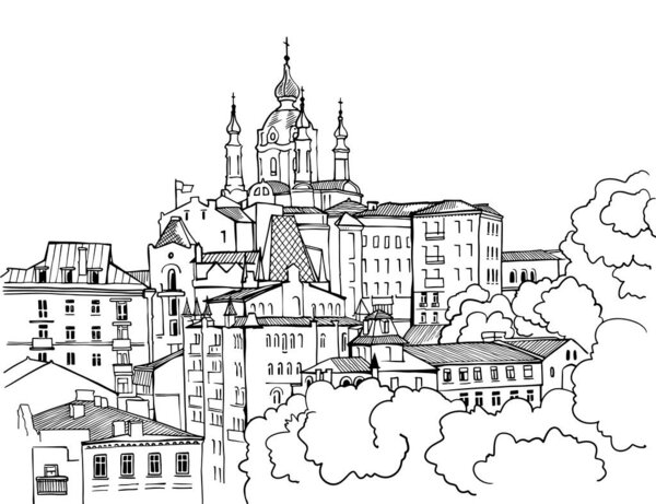 Nice view of the old Kiev. Ukraine. Trendy urban landscape. Cityscape. Hand drawn sketch. Line art. Postcards.