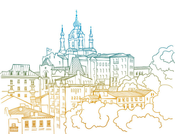 Nice view of the old Kiev. Ukraine. Trendy urban landscape. Cityscape. Hand drawn sketch. Line art. Postcards.