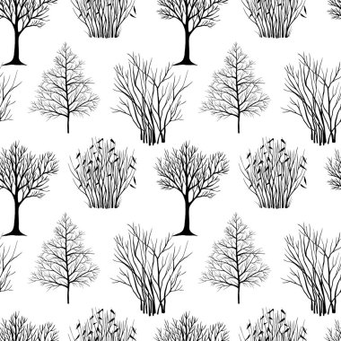 Kış ağaçları ve çalılar. Kusursuz desen. El çizimi sanat eseri. Doğa arkaplanı.