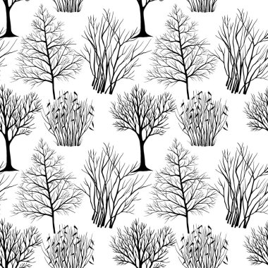 Kış ağaçları ve çalılar. Kusursuz desen. El çizimi sanat eseri. Doğa arkaplanı.