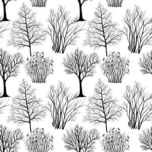 Kış ağaçları ve çalılar. Kusursuz desen. El çizimi sanat eseri. Doğa arkaplanı.
