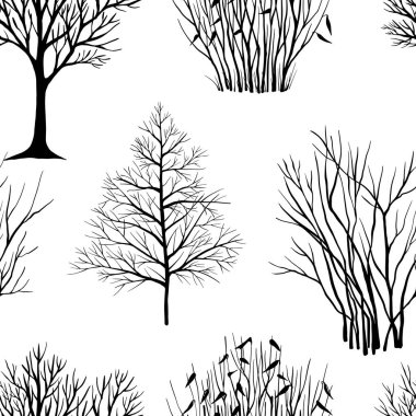 Kış ağaçları ve çalılar. Kusursuz desen. El çizimi sanat eseri. Doğa geçmişi. Vektör illüstrasyonu.
