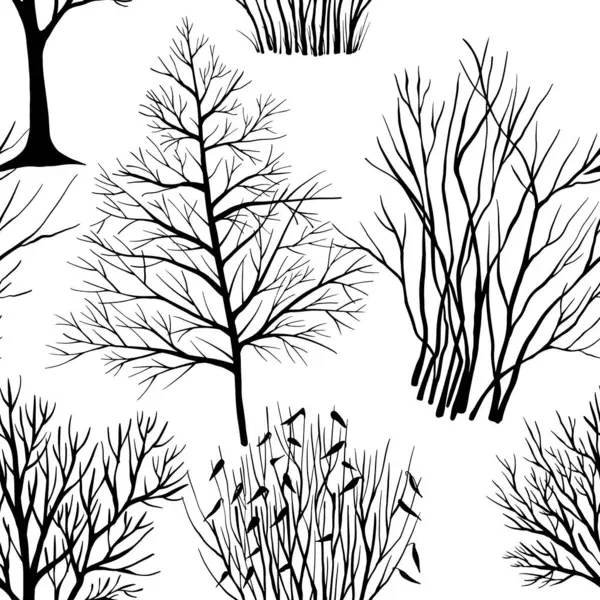 Zimowe Drzewa Krzaki Płynny Wzór Ręcznie Rysowana Sztuka Środowisko Naturalne — Wektor stockowy