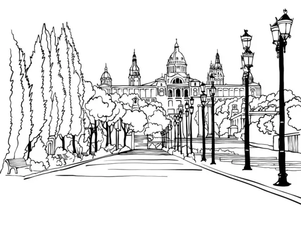 Eski Şehrin Güzel Manzarası Barselona Spanya Çizimi Taslak Tarzı Çizgi — Stok Vektör