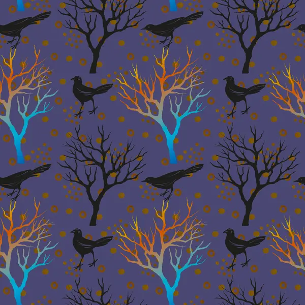 Halloween Bezszwowy Wzór Drzew Liściastych Ptaków Ręcznie Rysowany Szkic Czarne — Zdjęcie stockowe