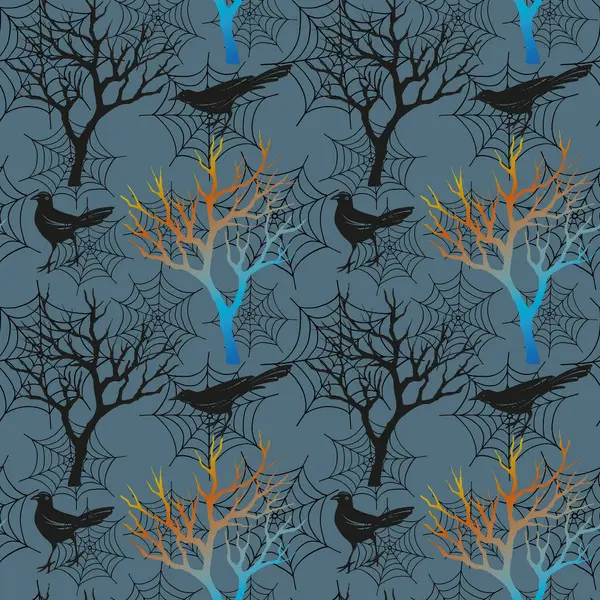 Halloween Bezszwowy Wzór Drzew Liściastych Ptaków Ręcznie Rysowany Szkic Czarne — Zdjęcie stockowe