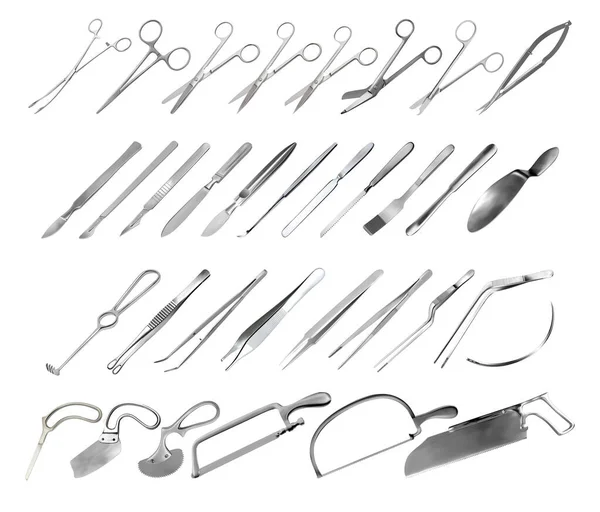 stock vector Set of surgical instruments. Tweezers, scalpels, saws, amputation knives, microsurgical forceps and clamps, abdominal spatulas, hook, needle. Scissors of different shapes and purposes. Vector
