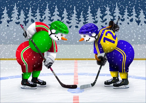 Schneemänner Uniform Und Helm Spielen Hockey Auf Einer Eisbahn Wintererholung — Stockfoto