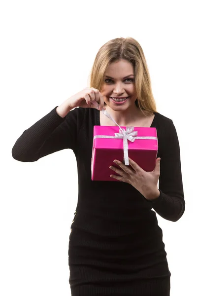 People Celebrating Xmas Love Happiness Concept Beauty Blonde Girl Opening — Stock Photo, Image