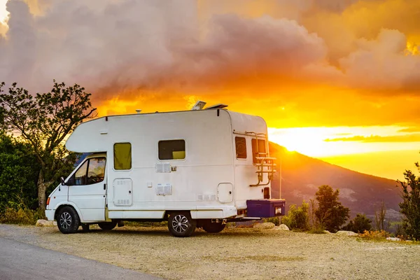 Caravan Sunset Mountains Verdon Gorge France Adventure Camper Vehicle — Stock Photo, Image