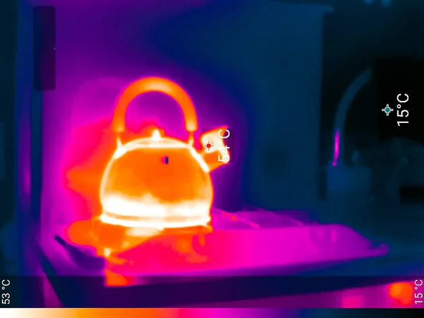 Thermal Image Photo Kettle Gas Stove Color Scale — Stock Photo, Image