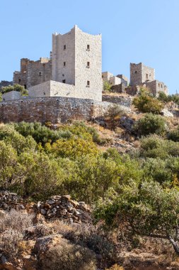 Yunanistan Mani Yarımadası. Geleneksel stil taş kule. Laconia Moreloponnese, Avrupa