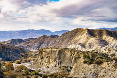 Tabernas çöl manzarası. Almerya Eyaleti, Endülüs İspanya. Doğal alan. Ziyaret için ilginç bir yer. Turist eğlencesi.