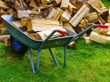 Dışarıda odun yığını ve el arabası var. Kış için hazırlık.