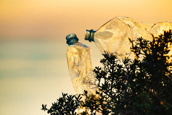 Plastová Láhev Vody Opuštěné Břehu Moře Východ Slunce Barevné Krajiny — Stock fotografie