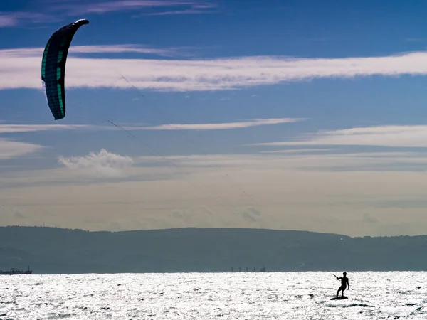 Kiteboarding Kite Surfer Rides Waves Tarifa Cadiz Spain Sports Activity — Stock Photo, Image