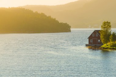 Su fiyortu kıyısındaki ahşap kulübe. Norveç 'te yaz manzarası, İskandinavya