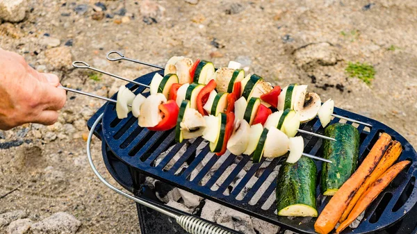 在烤肉烤架上 选择美味的烤蔬菜串 户外烧烤晚餐 夏季食品 — 图库照片