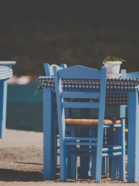 Seaside Blauen Tisch Und Stühle Öffnen Café Außenrestaurant Griechenland Der — Stockfoto